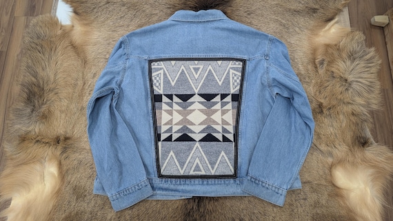 Denim jacket embellished with wool, southwestern denim