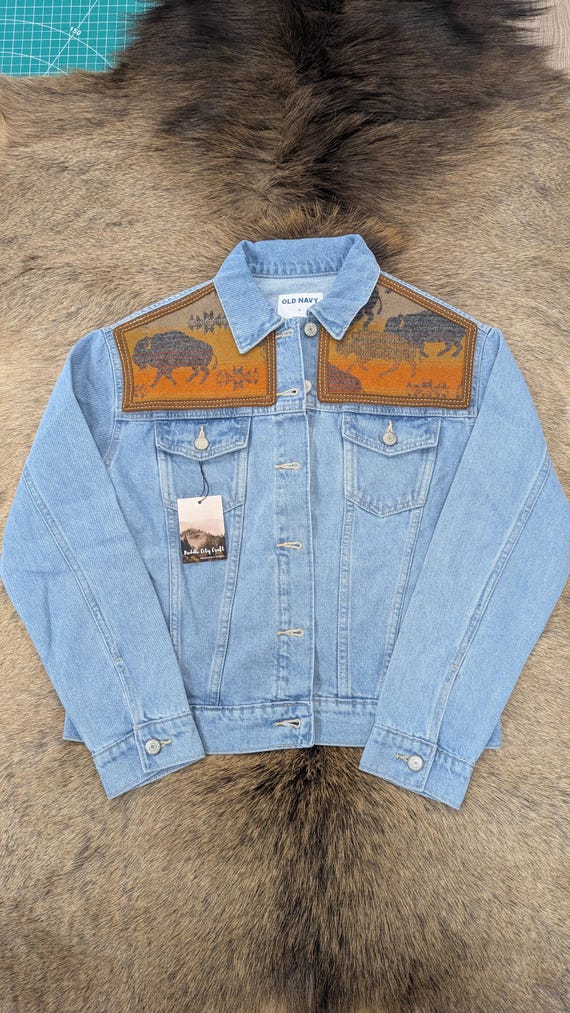 Denim jacket embellished with wool, southwestern denim