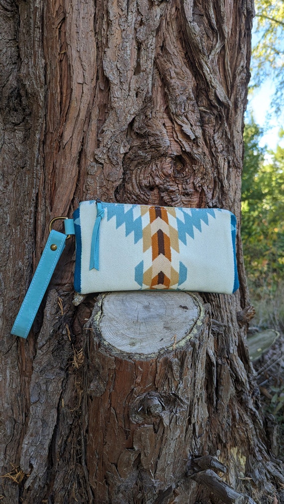 Clutch bag, wristlet, handbag, made with Pendleton® wool, leather and wool purse, turqoise