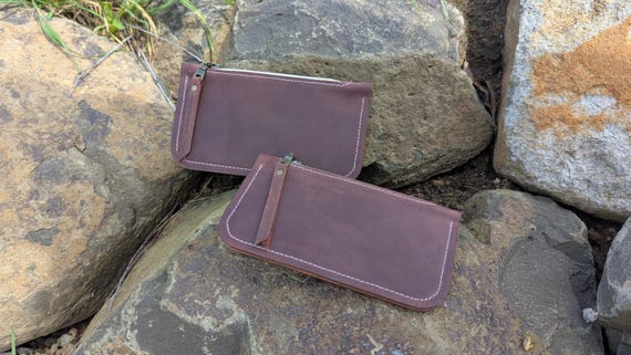 Purse storage, leather wallet, zip pouch, red-brown leather