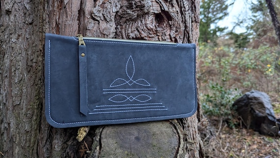 Western Stitch Clutch, Boot Stitch Bag, navy blue leather, Handbag