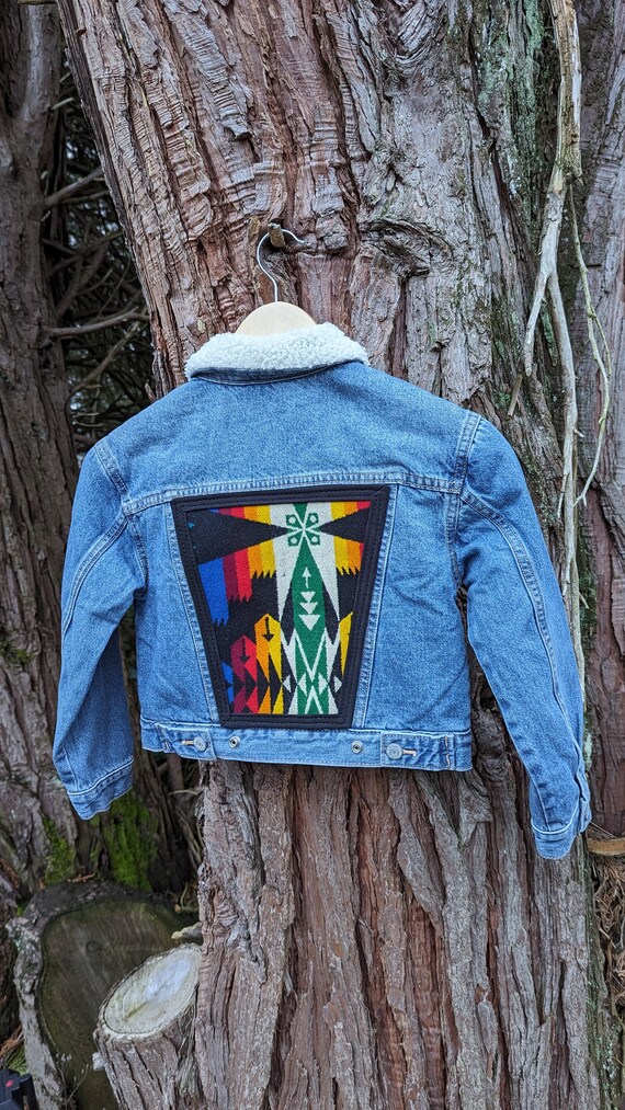 Jean jacket embellished with Pendleton® wool, southwestern wool jean jacket, Denim jacket with Pendleton® wool, child size medium (8)