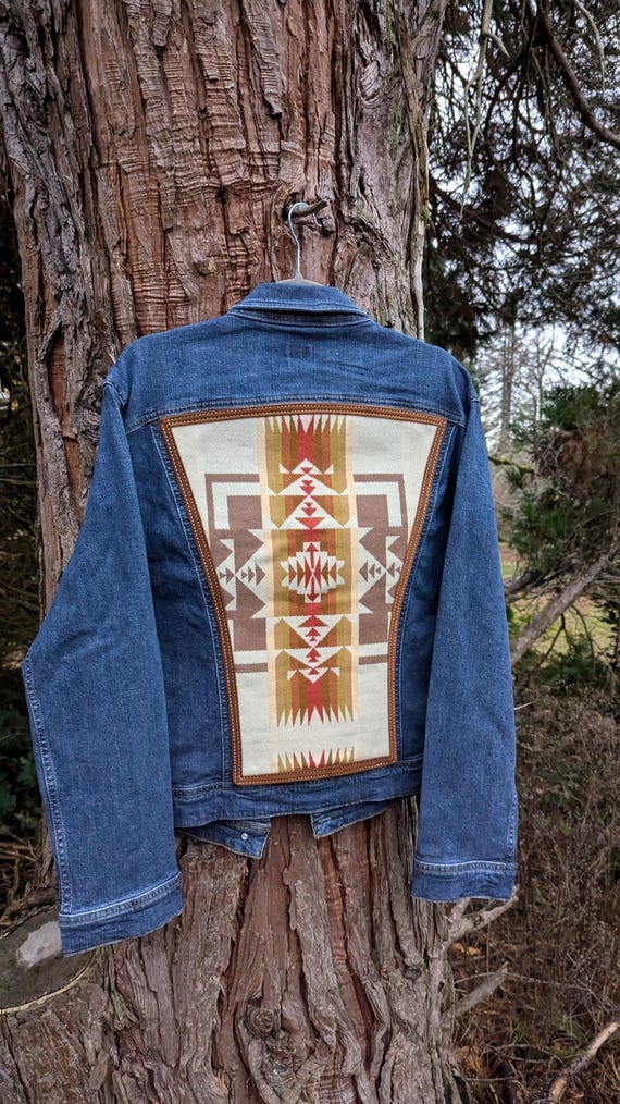 Jean jacket embellished with Pendleton® wool, southwestern wool jean jacket, Denim jacket with Pendleton® wool
