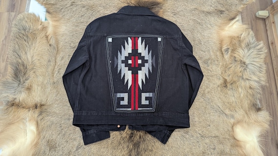 Black denim jacket embellished with wool, southwestern denim