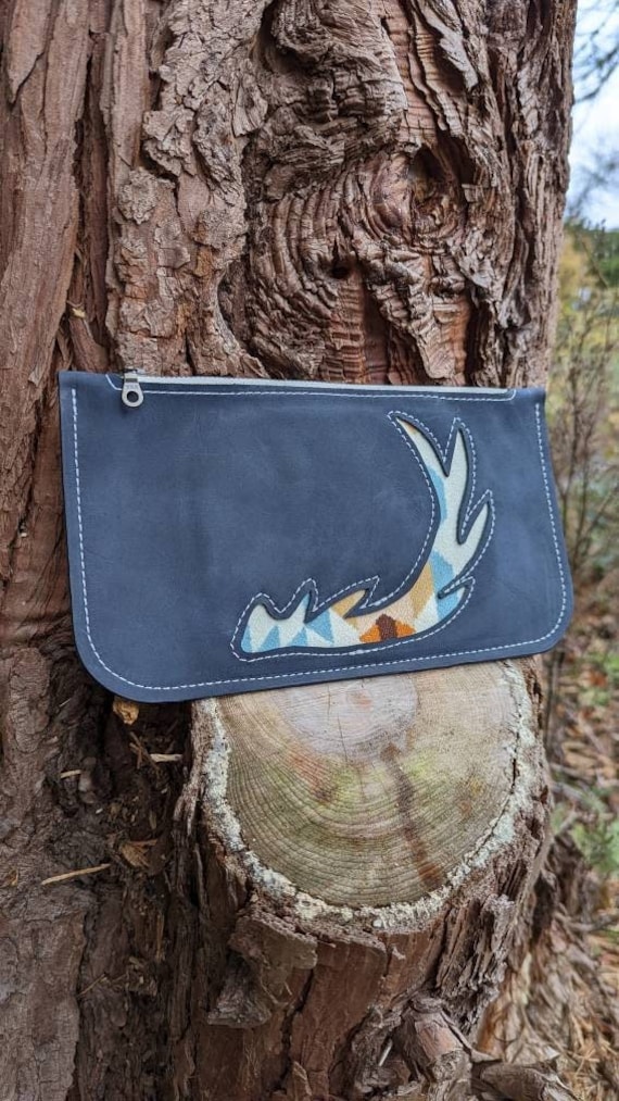 Leather wallet, leather pouch, clutch bag, antler, made with Pendleton wool®