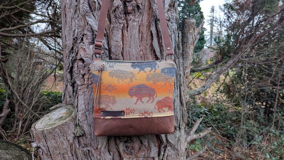 Large crossbody purse made with southwestern print Wool and Leather