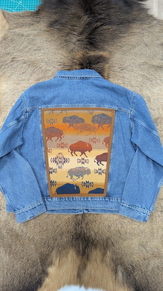 Denim jacket embellished with wool, southwestern denim