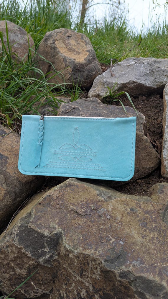 Western Stitch Clutch, Boot Stitch Bag, turquoise leather, Handbag