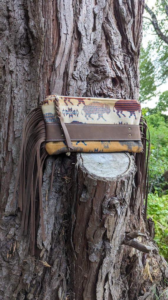 Western fringe clutch, made with Pendleton® wool and leather, large clutch