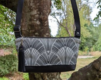 Art Deco Print Crossbody Purse: Leather Bottom, Adjustable Strap