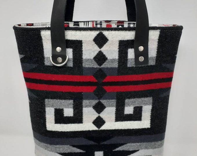 Tote made with southwestern wool, bucket bag, large tote, shoulder purse, black and red