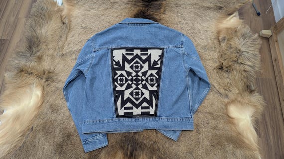 Denim jacket embellished with wool, southwestern denim