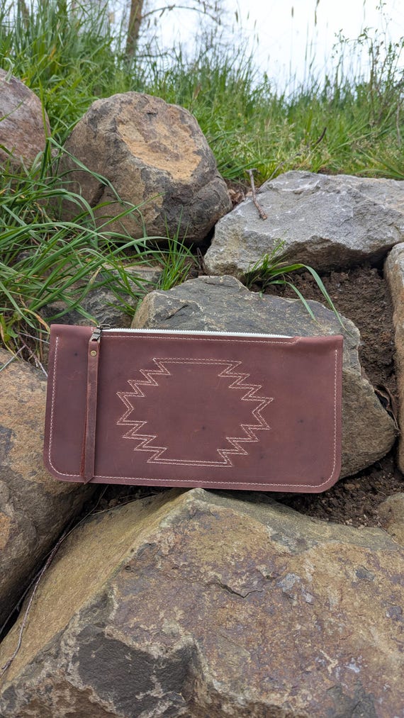 Aztec Stitch Clutch, Boot Stitch Bag, red-brown leather, Handbag