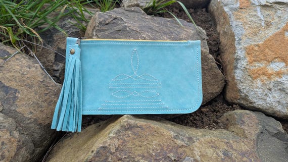Small Western Stitch Clutch, Boot Stitch Bag, turquoise leather, Handbag, Fringe Zipper Pull