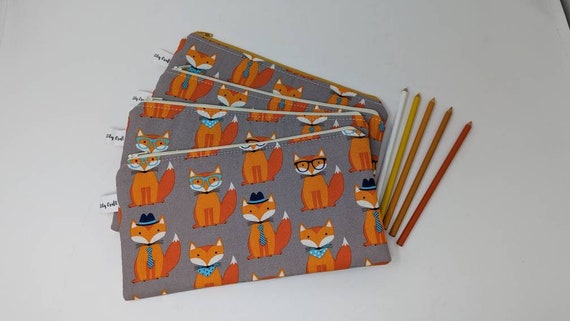 Pencil case, pencil pouch, school supplies, money bag, small makeup bag, fox, glasses, foxes