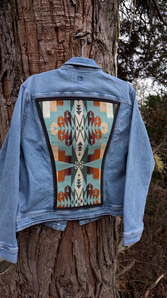 Jean jacket embellished with Pendleton® wool, southwestern wool jean jacket, Denim jacket with Pendleton® wool