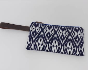 Cartera de mano, bolso de mano, azul marino y blanco, bolso de piel