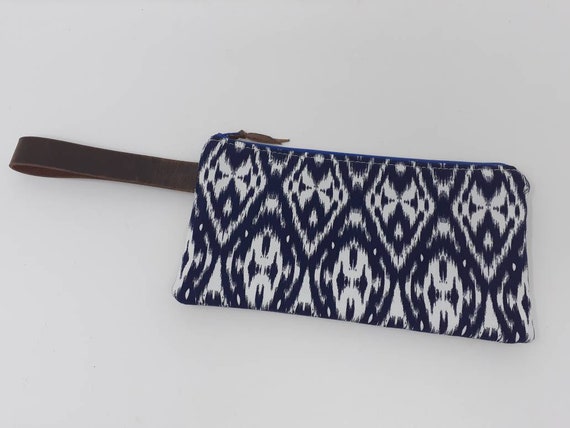 Clutch purse, wristlet, Navy and white, leather bag