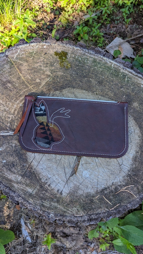 Leather wallet, leather pouch, clutch bag, Jackalope, made with Pendleton wool®