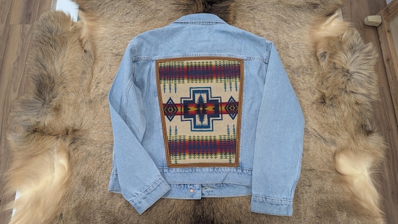 Denim jacket embellished with wool, southwestern denim
