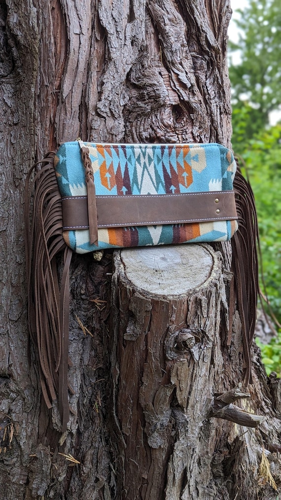 Western fringe clutch, made with Pendleton® wool and leather, large clutch