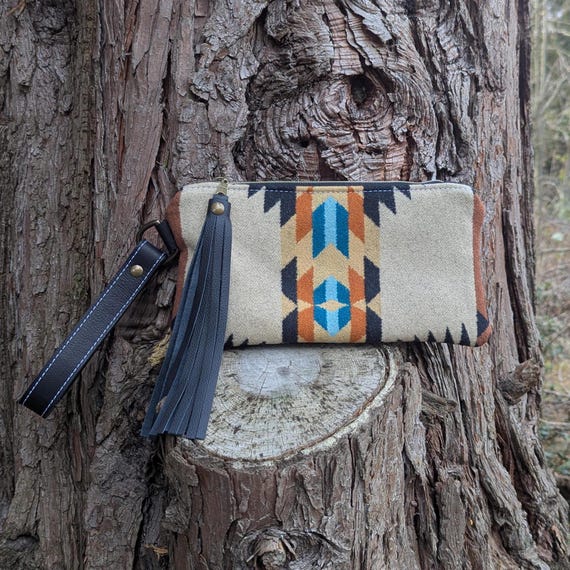 Clutch bag, wristlet, handbag, made with Pendleton® wool, leather and wool purse