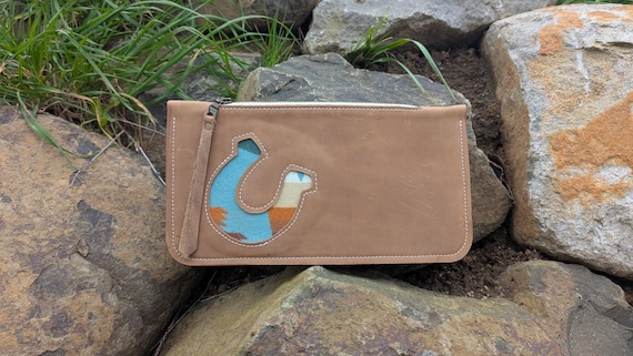 Horseshoe Clutch premium wool, tan leather, Handbag