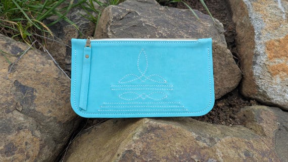 Small Western Stitch Clutch, Boot Stitch Bag, turquoise leather, Handbag
