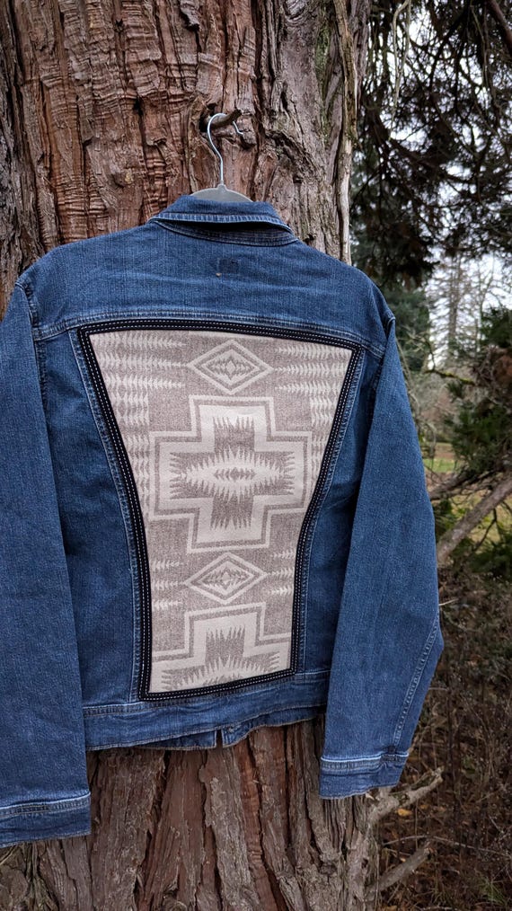 Jean jacket embellished with Pendleton® wool, southwestern wool jean jacket, Denim jacket with Pendleton® wool