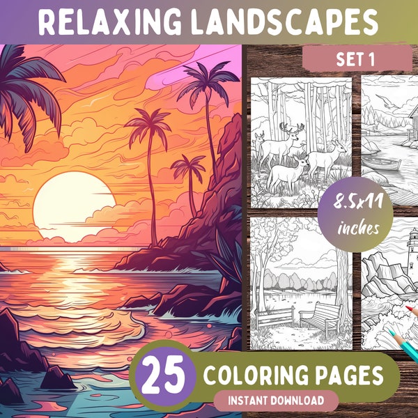25 Relaxing Landscapes Coloring Pages For Adults Set 1, Scenery Coloring Books For Adults Relaxation, Nature Coloring Book - Printable PDF