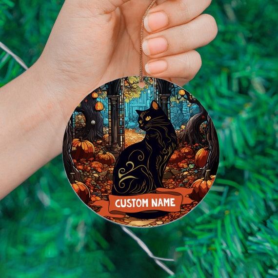 カスタム黒猫ハロウィンオーナメント：ステンドグラス風ゴシック