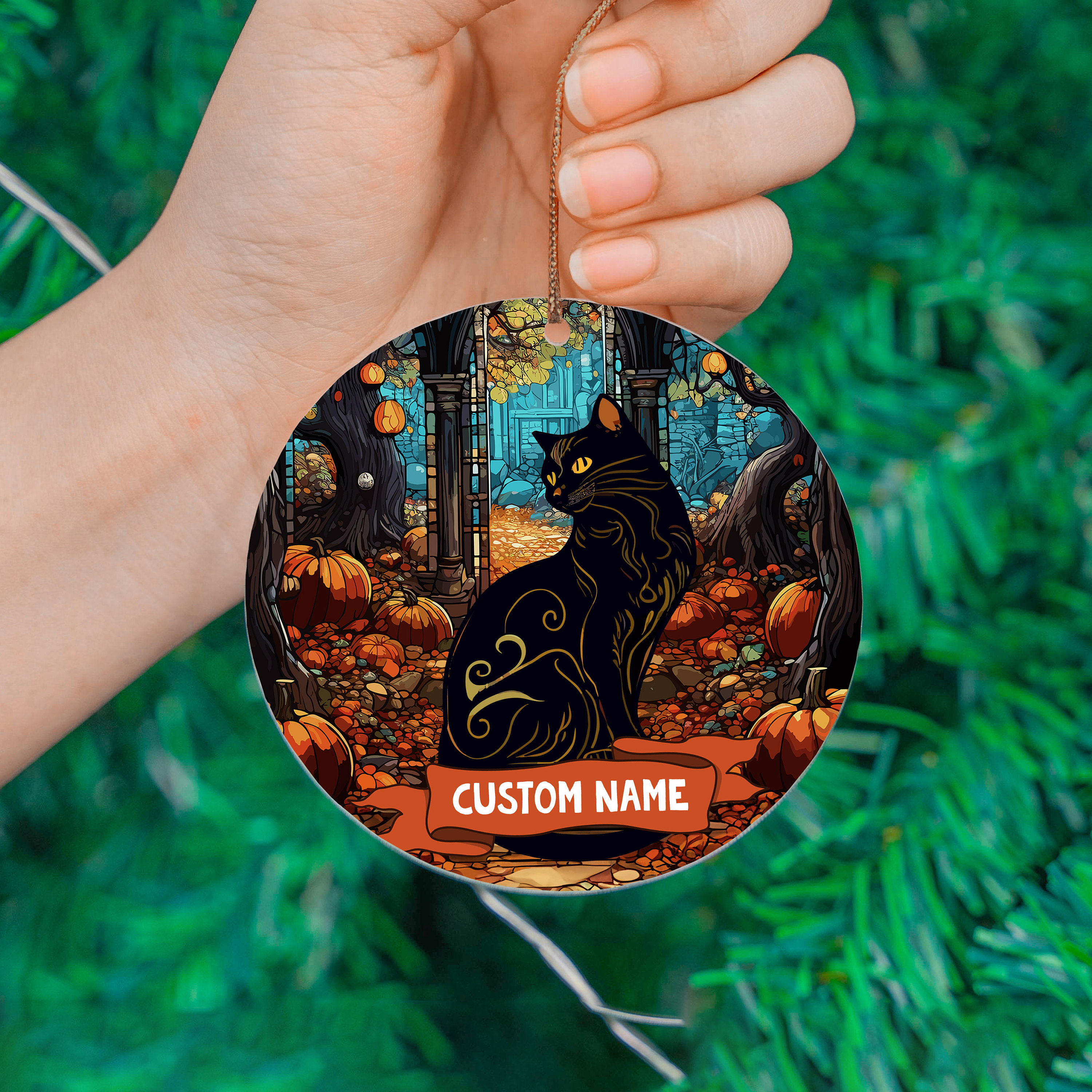 カスタム黒猫ハロウィンオーナメント：ステンドグラス風ゴシック