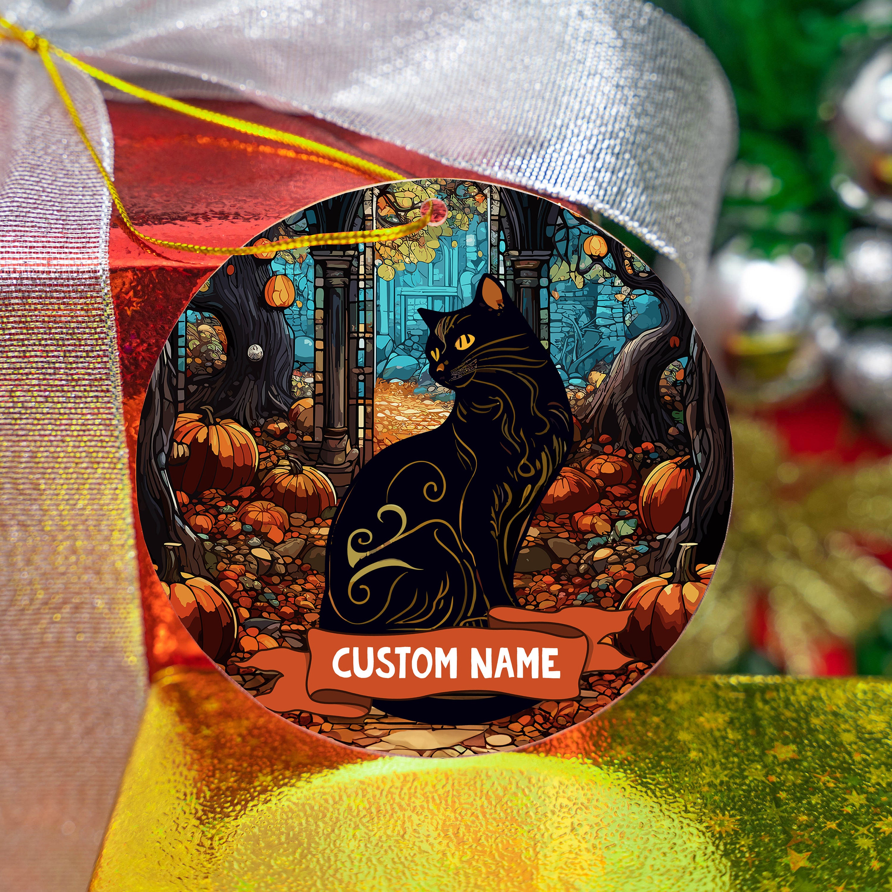 カスタム黒猫ハロウィンオーナメント：ステンドグラス風ゴシック