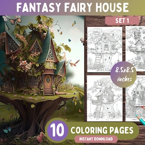 10 Fantasy Fairy Treehouse Coloring Pages SET 1, Fantasy Coloring Book For Adults Relaxation, Whimsical Coloring Pages - Printable PDF