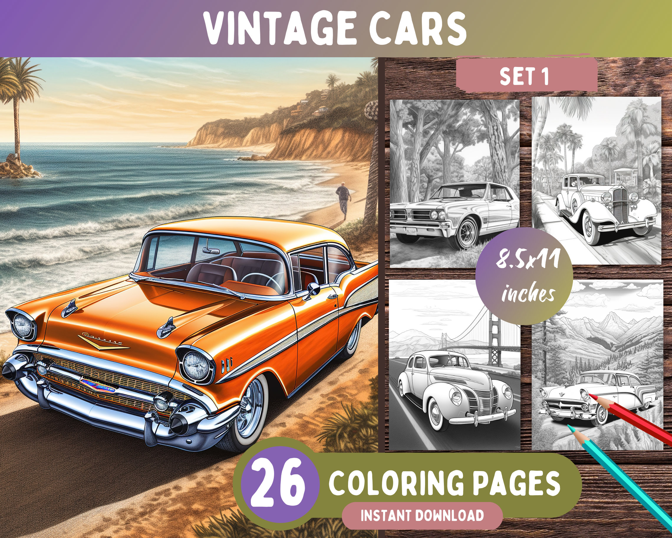 26 Classic Car Coloring Pages Set 1 Vintage Car Coloring Book - Etsy