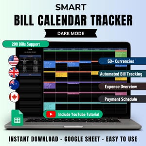 Bill Calendar Tracker Spreadsheet Dark Mode, Budget Tracker Template, Google Sheets Budget, Personal Financial Planner, Smart Bill Planner