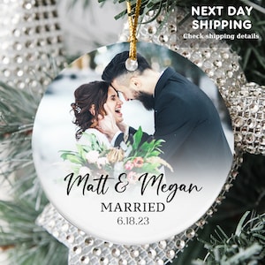 Personalized Photo Wedding Ornament for Couple, Wedding Gifts for Couple Unique, Custom Our First Christmas Married Ornament 2023 for Bride