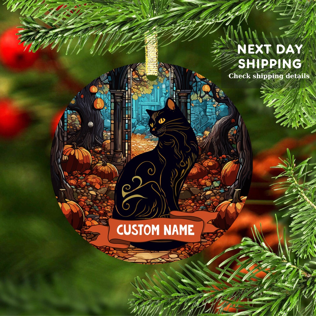 カスタム黒猫ハロウィンオーナメント：ステンドグラス風ゴシック