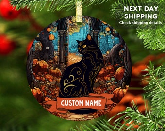 カスタム黒猫ハロウィンオーナメント:ステンドグラス風ゴシック カスタム黒猫ハロウィンオーナメント:ステンドグラス風ゴシック