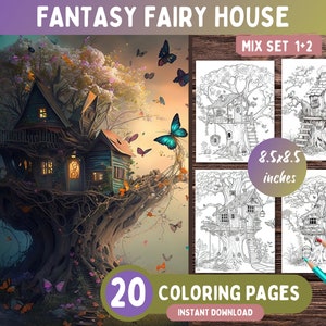 20 Fantasy Fairy Treehouse Coloring Pages SET 1+2, Fantasy Coloring Book For Adults Relaxation, Whimsical Coloring Pages - Printable PDF