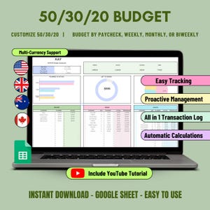 50/30/20 Budget Planner Google Sheets Weekly BiWeekly Monthly Budget Spreadsheet Paycheck Budget Template Tracker Financial Planner