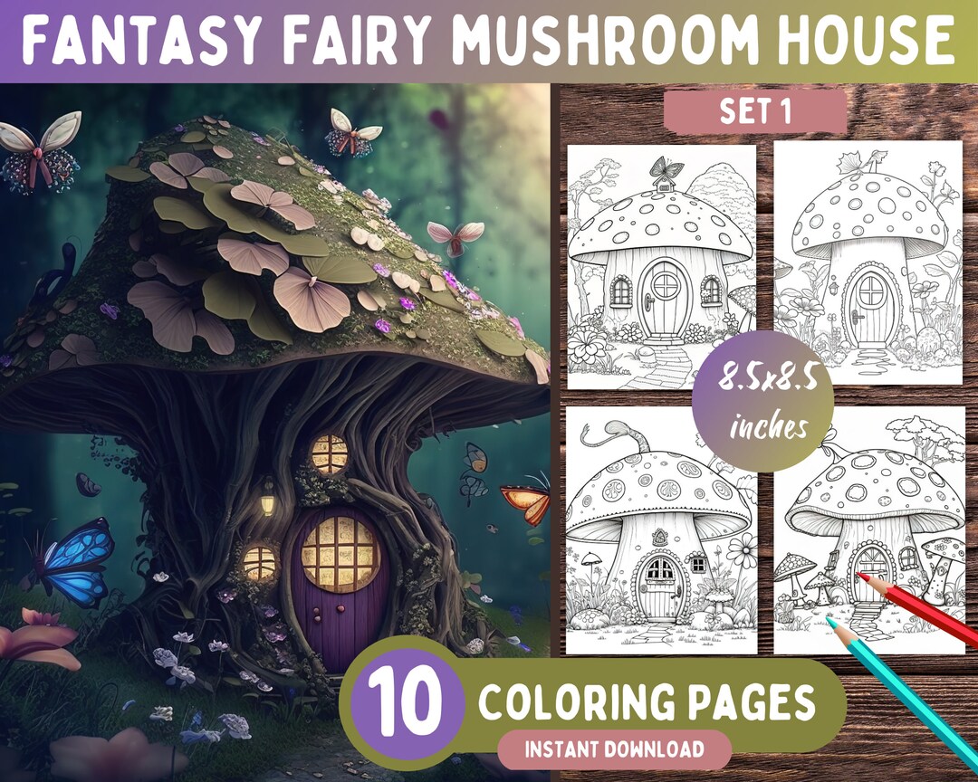 10 Fantasy Mushroom Fairy House Coloring Pages SET 1, Fantasy Coloring ...
