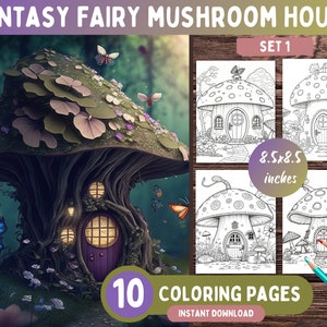 10 Fantasy Mushroom Fairy House Coloring Pages SET 1, Fantasy Coloring Book For Adults Relaxation, Whimsical Coloring Pages - Printable PDF