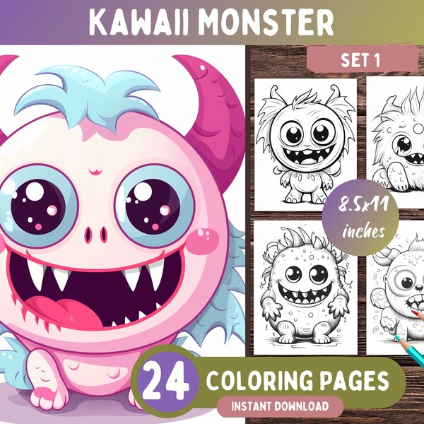 24 Kawaii Monster Coloring Pages Set 1, Kawaii Coloring Book For Adults, Teens and Kids, Colouring For Relaxation - Printable PDF