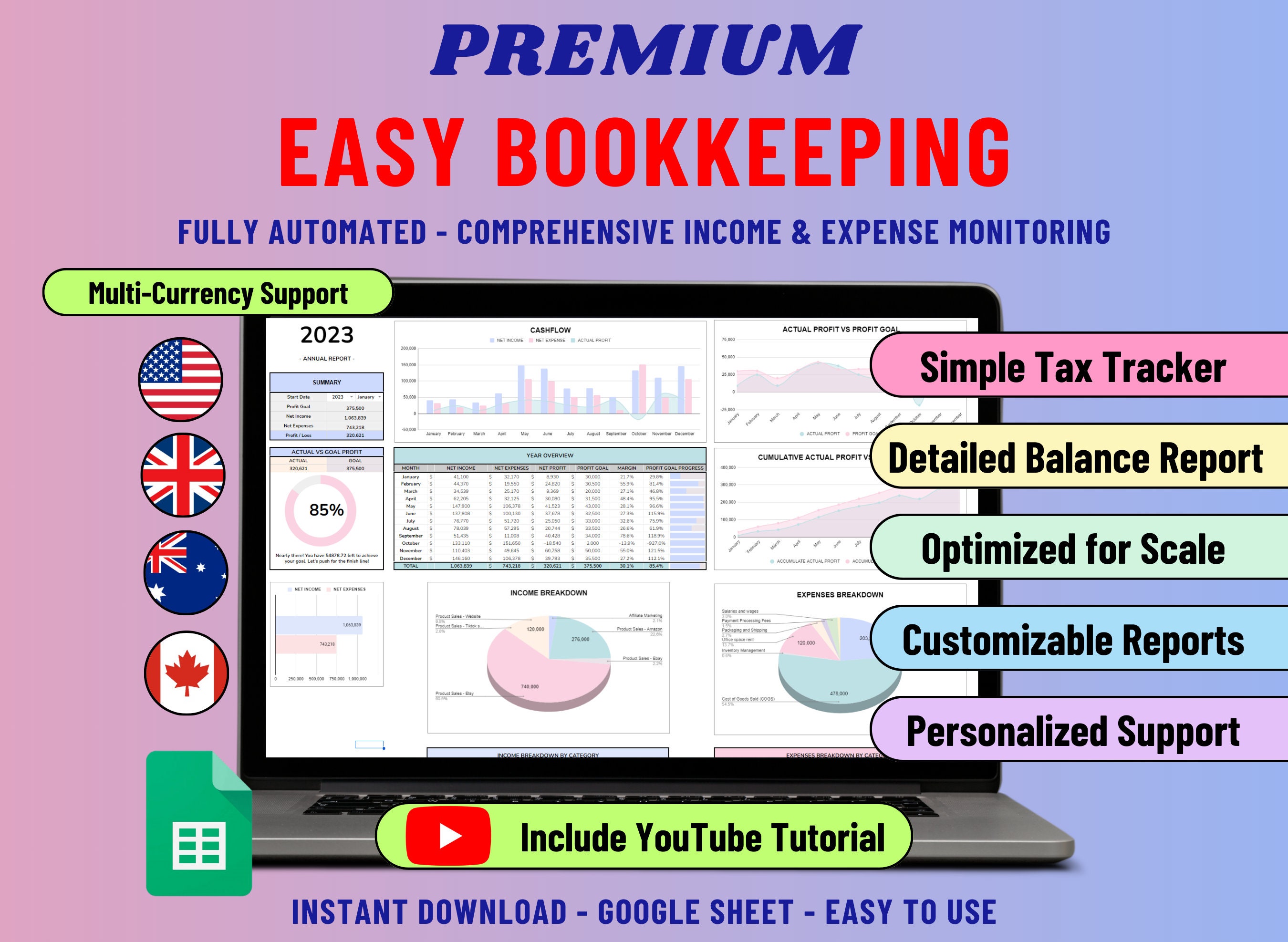 Google Sheets Bookkeeping Template: Small Business Expense & Income Tracker (Digital Download)