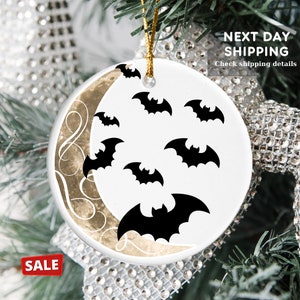 Halloween Bat Moon Ornament and Home Decor Gift, Spooky Witchy Decor for Window or Halloween Tree, Halloween Decoration & Christmas Ornament