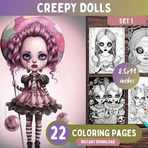 Creepy Dolls Coloring Pages: Halloween Horror, Spooky Art (Printable PDF)