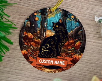 カスタム黒猫ハロウィンオーナメント：ステンドグラス風ゴシック