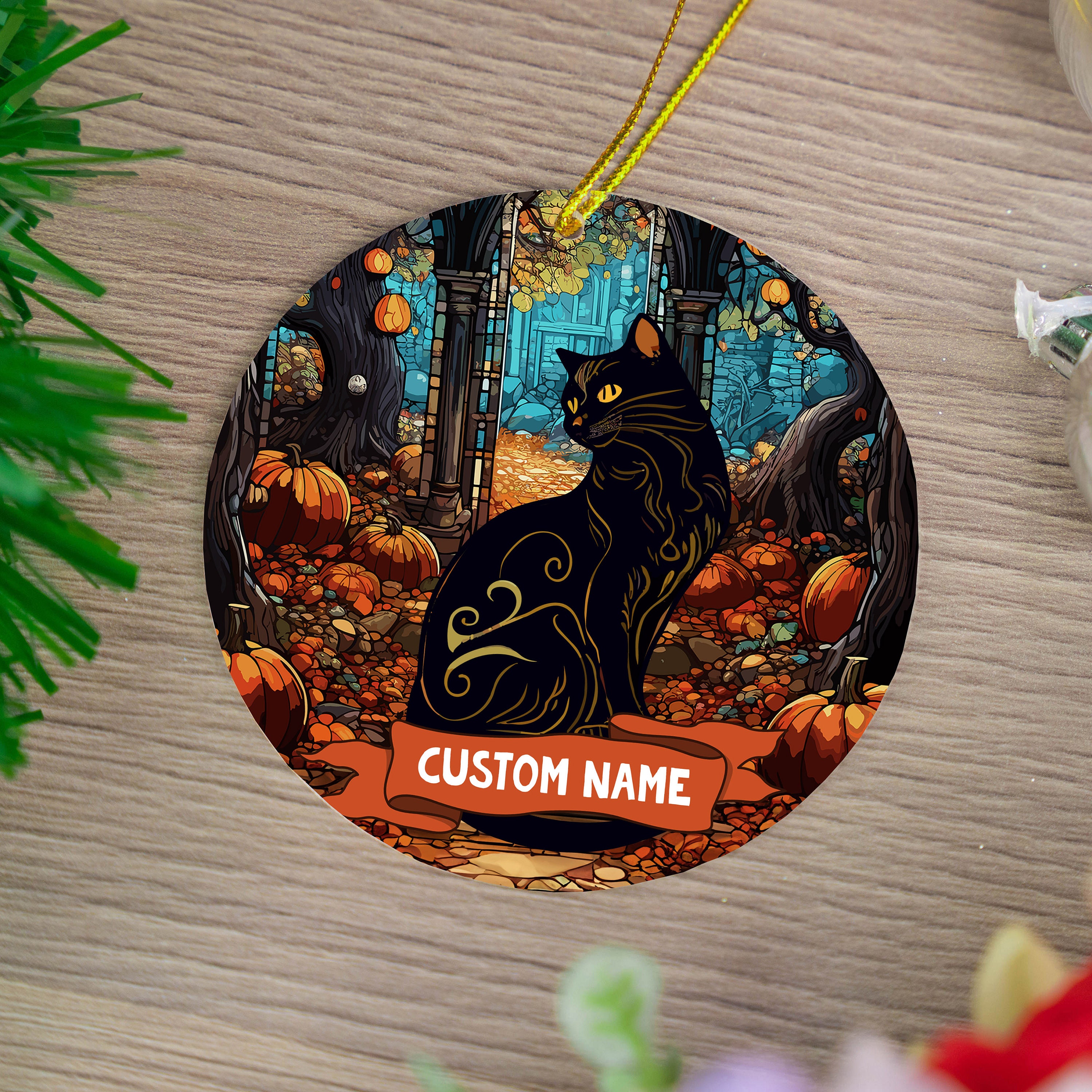 カスタム黒猫ハロウィンオーナメント：ステンドグラス風ゴシック