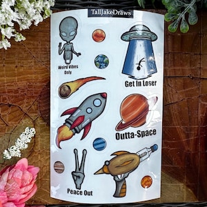 Stickervel ruimtethema, stickers voor journaal, leuke cadeaus voor iedereen, stickers waterfles, stickers ruimte, ruimte, stickers aliens